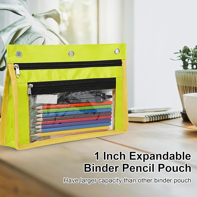 YoeeJob 2 Pack 1 Inch Expandable Zipper Pencil Pouches with Clear Window for 3 Ring Binder, Suitable for School & Office（Yellow）
