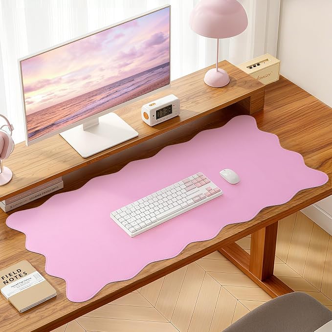 PU Leather Desk Pad, Scalloped Non-Slip Mouse Pad & Large Desk Mat Cover Stitched Edges Writing Pad for Office, Home - Waterproof, Easy to Clean, Durable Surface I 31.4"x15.7", Pink