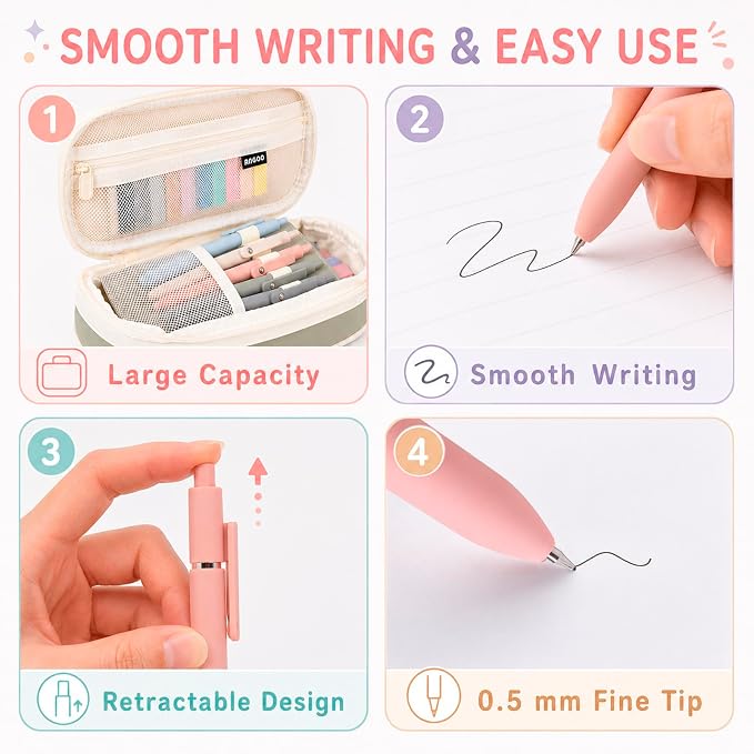 27 Pcs Aesthetic School Supplies Include 12 Pcs Aesthetic Highlighters Bible 1 Ppcs Big apacity Pen Case Bag 5 Pcs Retractable Quick Dry Gel Ink Pens 9 Pads Clear Sticky Tabs for School Office Home