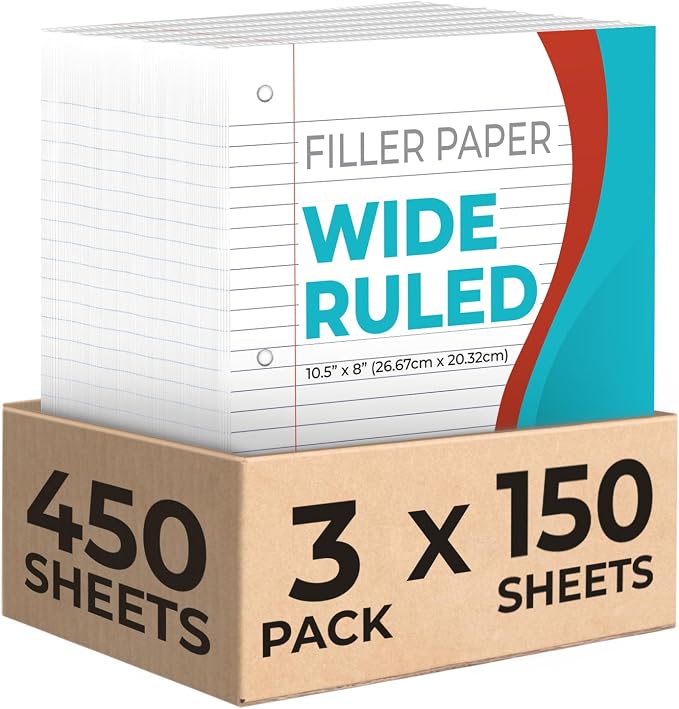 Rosmonde 450 Sheets Loose Leaf Paper, 3 Pack, Wide Ruled Filler Paper | Bulk Office Filler Paper, 8" x 10.5", 3 Hole Punched, 150 Sheets/Pack, Wide Ruled Notebook Paper for Binder, White