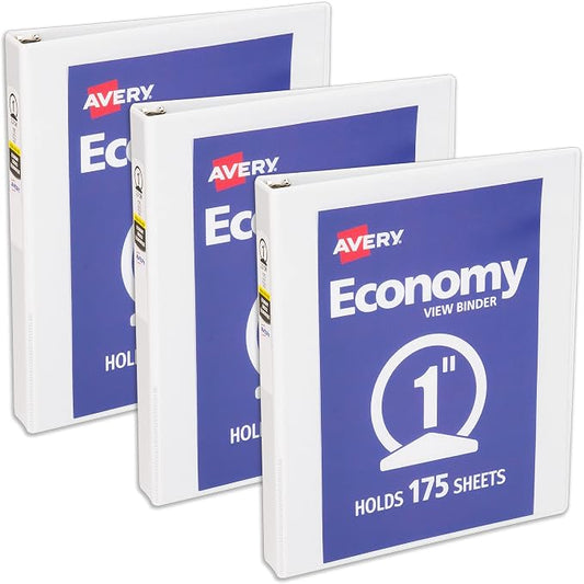 Avery Economy View 3 Ring Binder, 1 Inch Round Rings, 3 White Binders (05760)