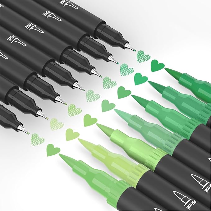 Green Markers, 12 Pack Dual Brush Pens Drawing Markers for Art Sketching