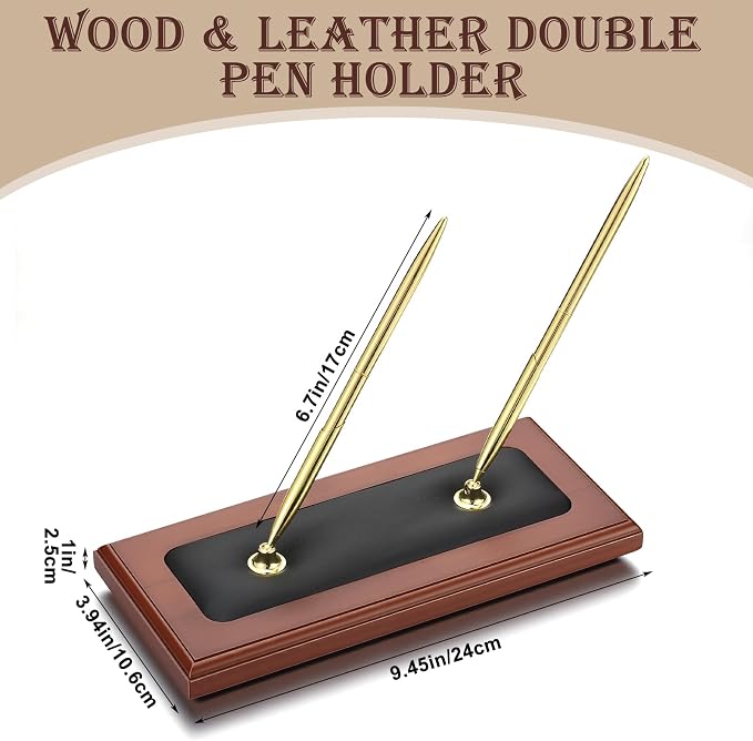 Fuyoooo Wood & Leather Double Pen Holder Desk Sets and Accessories Luxury Stand with Desk Pen for Guest Book Office Business Teacher Wedding Birthday Party Graduation