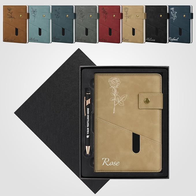 ENOMY Personalized Notebook & Pen Set A5 Notebook with Lock Closure, 200 Lined Pages PU Leather Custom Notebook Cover Premium Gift Box for College Birthday Business Gift, Black
