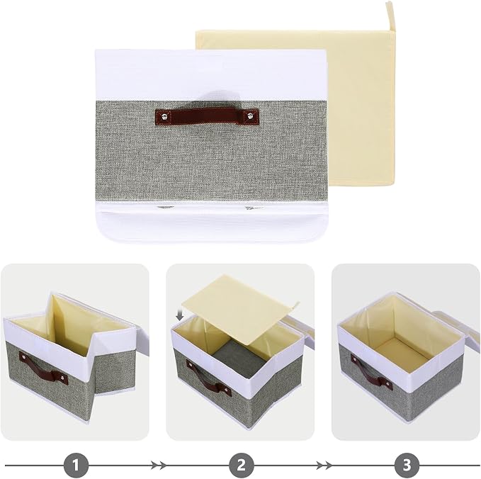 ANMINY 2PCS Storage Boxes with Lids Washable Decorative Storage Bins Basket with PU Leather Handle Foldable Linen Fabric Storage Cubes Containers for Home Closet Organizer - Gray White, Medium