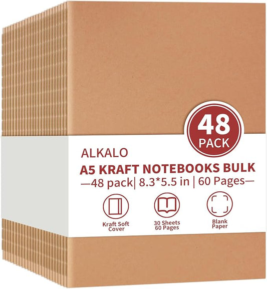 48 Pack A5 Blank Kraft Notebooks Bulk, Journaling Notebooks, Soft Cover Composition Notebook, 8.3x5.5 Inches 60 Pages Travel Journal Notebooks Set for Work, School, Writing