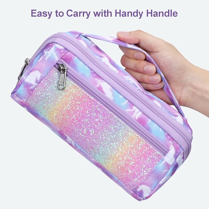 Large Pencil Case for Girls - Aesthetic Pencil Pouch for School | Kids Pencil Case & Wide Handle, Water Resistent Organizer, Box Fits 50 Pens & Markers, Daily Use, Purple Unicorn
