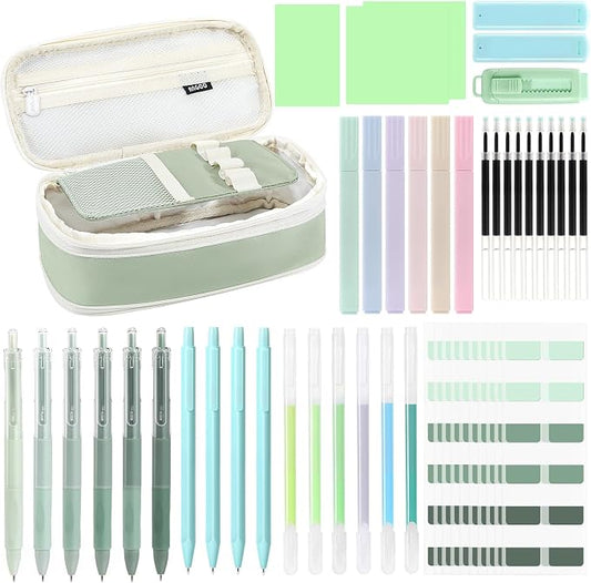 MoKo Pencil Case with Supplies, 49Pcs Aesthetic School Set, Green | Includes gel pens, highlighters, 0.5 mm mechanical pencils and refills, an eraser, sticky notes and index tabs.