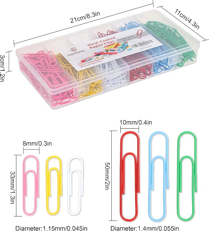 PAPERPAL Paper Clips, 2 in (50 mm) & 1-2/7 in (33 mm), 540, Assorted Colors | Vinyl-coated large and medium paper clips for office, school and personal use; 180 jumbo, 360 #1, 6-compartment box.