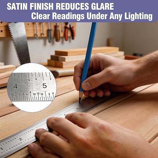 12 Inch Machinist Ruler Set - 2 Pack Stainless Steel Precision Double Sided Ruler with 1/64, 1/32, 1/16 & 1/8 Inch Graduations, Etched Markings - for Engineers,Woodworking and DIY (2, 12 Inch)