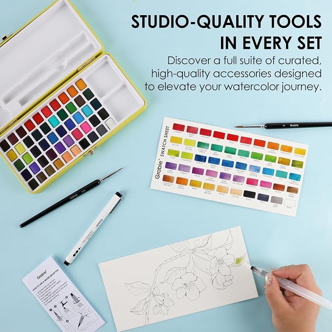 Grabie 50 Colors Premium All-In-One Water Color Paint Set - Detail Paint Brush Included, Watercolor Paints, Painting Sets, Art Supplies, Portable & Travel Watercolor Set, Amateur Hobbyists, Set of 50