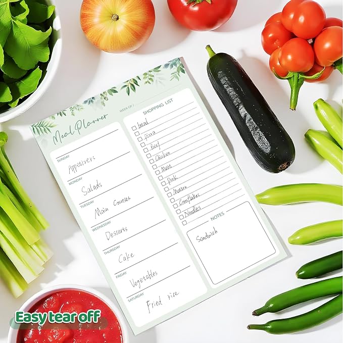 Thboxes 60 Sheets Magnetic Meal Planner for Fridge, Pen Holder, Green Leaf | Grocery List Pad, Undated Weekly Layout, Tear-Off Shopping List, 7 x 10 In, for Kitchen, Meal Prep, Families, Mums, Home