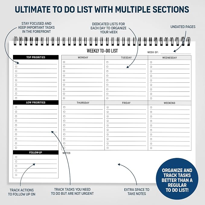 Weekly Planner To Do List Pad - 8.5x11" 52 Sheets Spiral - Desk Notepad | with Multiple Sections, Undated Planning Notebook Checklist, Todo List Agenda Plan, Notebook for Work