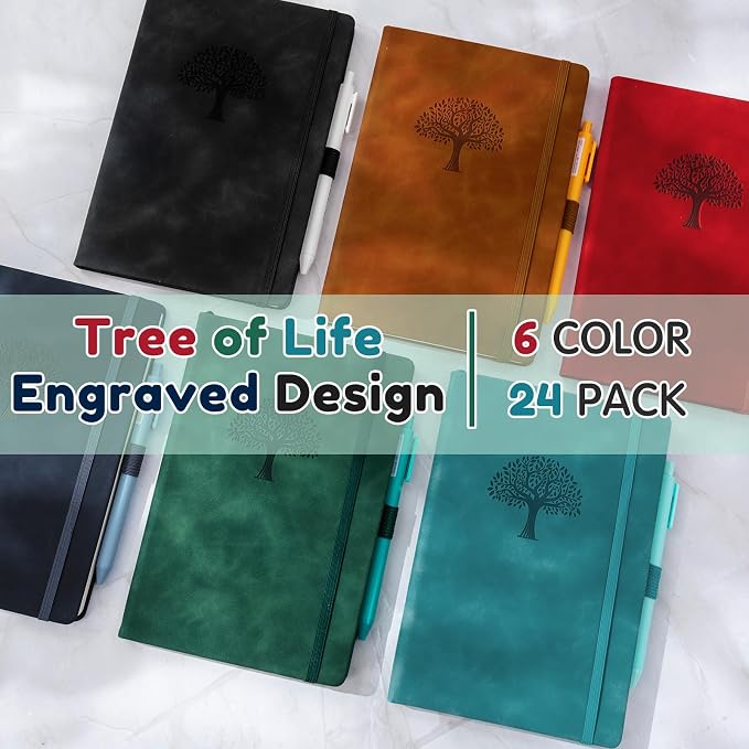 Qeeenar 24 Pack Leather Notebook Journals Bulk 5.7" x 8.3" Harder Cover A5 Journals for Writing Men Women Leather Travel Notebooks Daily Gifts for Office Back to School (Multicolored)