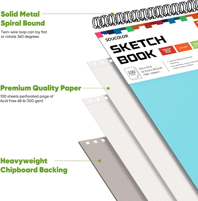 Soucolor Sketch Book 9x12,Thick Drawing Paper Pad School Art Supplies | 100 Sheets Thick 68lb/100gsm Acid-Free Paper,Blank Drawing Pad for Artists,Students,Kids,Notebook for Pencil,Charcoal,Pastel