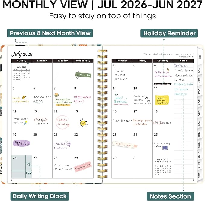 Academic Planner 2026-2027, Weekly and Monthly Calendar Book, July 2026 – June 2027, Hardcover Planner with Tabs, Perfect for Teachers, Students, Women & Men, A5 (6.4" x 8.5") - Mushrooms Grovel