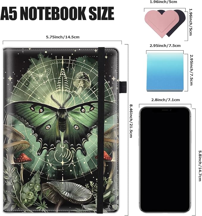 Hardcover Executive Notebooks, A5 PU Leather Lined Journal Notebook, 200 Pages Thick Paper Subject Notebooks for School,Work,Home Writing Business Notebook, Diary Book ，Cyan Moth Mushroom