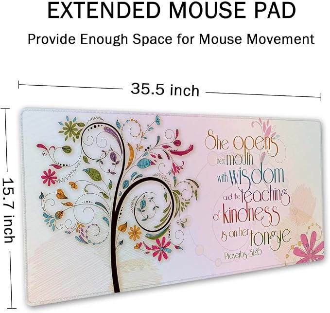 SSOIU Inspirational Christian Bible Verse Proberbs Quotes Extended Gaming Mouse Pad 35.5x15.7 in, Large Mouse Pad, She Opens Her Mouth with Wisdom and The Teaching of Kindness is on Her Tongue