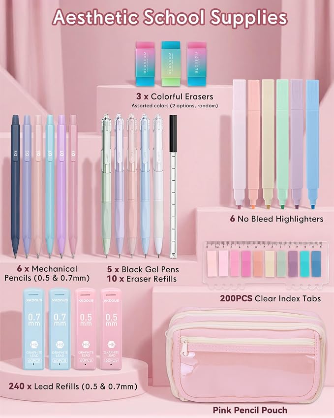XKDOUS Preppy School Supplies Kit with Large Capacity Pencil Case, 6 Mechanical Pencils 0.5mm & 0.7mm with 240 Lead Refills, 6 Pastel Highlighters, 5 Gel Pens for Stationary College Essentials Gifts
