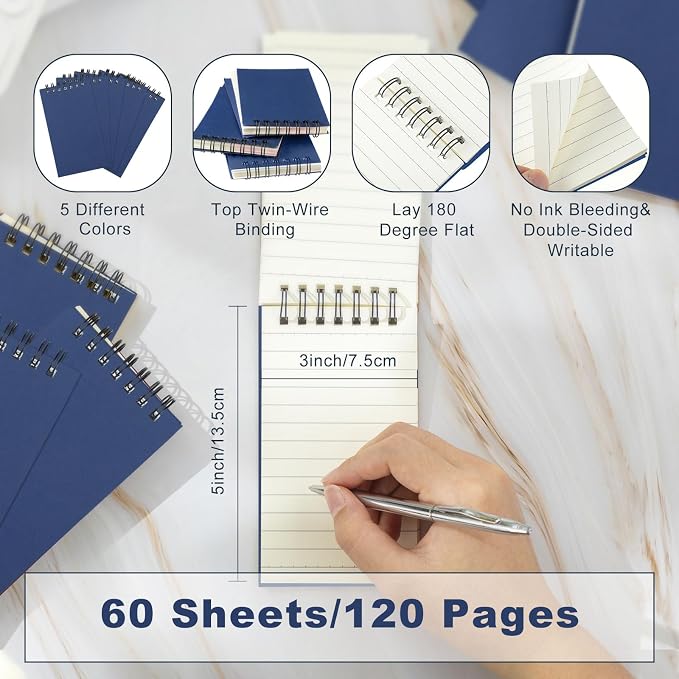 Tenceur 150 Pcs Pocket Notebook Small 3x5 Inch Dark Blue Color Top Spiral Notepads Bound Notebook with Lined 120 Pages Mini Memo Pads for Office College Nurse Essentials Back to School Gift