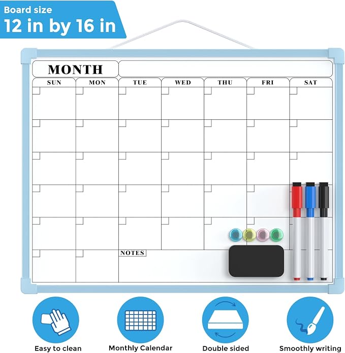 MaxGear Monthly Calendar Dry Erase Board for Wall, 16"x12", Blue Frame | Double-Sided, Hanging Small White Board, Portable Whiteboard for Planning, Drawing, Memo, to Do List, Home, Kitchen, Office