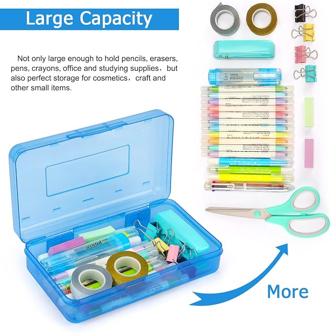 Tamaki 1 Pack Plastic Pencil Box Large Capacity, Blue | Clear Boxes with Snap-tight Lid Stackable Design and Stylish Office Supplies Storage Organizer