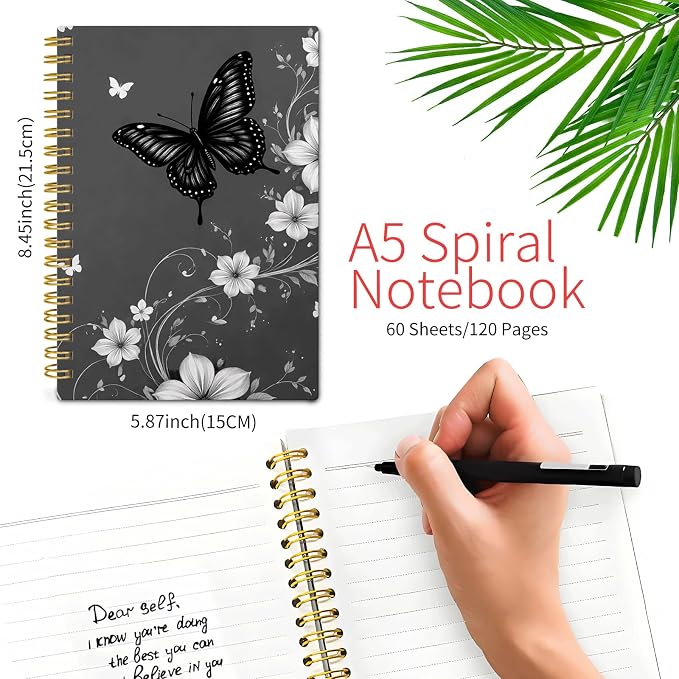 KZYVFNPQ Spiral Journal Notebook for Women Men, A5 Cute Hardcover Lined Notebook with Strong Binding,College Ruled Notebook for Office Work Writing(Butterfly Floral)