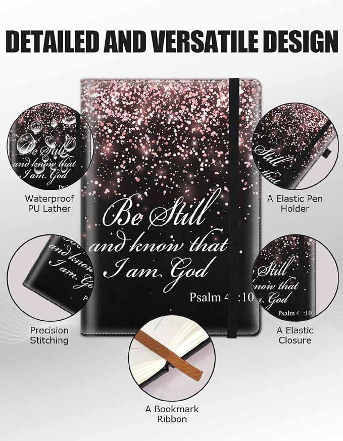 Hardcover Executive Notebooks, A5 PU Leather Lined Journal Notebook, 200 Pages Thick Paper Subject Notebooks for School,Work,Home Writing Business Notebook,Rose Gold Bible Verses Psalm 46-10