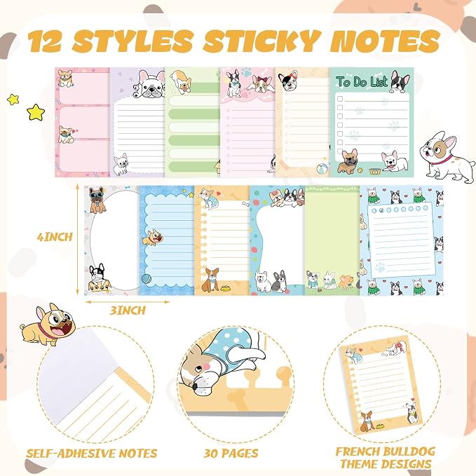 Chiisong 12 Pcs French Dog Sticky Notes Kawaii Notepads 3x4 Inch Adhesive Dog Gifts for Frenchie Lovers to Do List for Memo Reminder for Office Home Supplies Christmas Small Gift