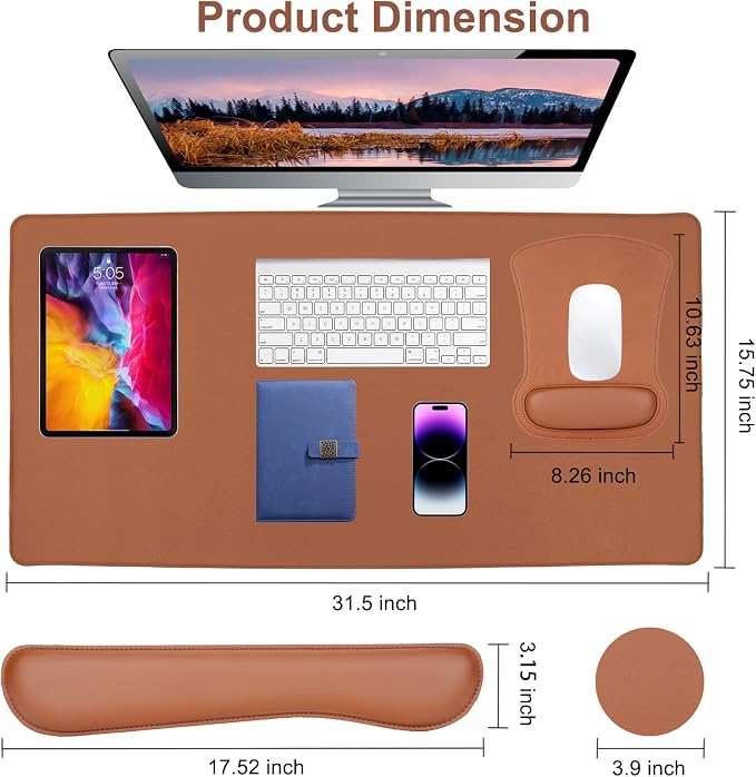 MOSISO Keyboard Mouse Pad Set, PU Leather Large Gaming Mousepad&Keyboard Wrist Rest&Mouse Wrist Rest&Coaster, Ergonomic Non-Slip Mousepad&Easy Typing Cushion with Memory Foam for Home Office, Brown