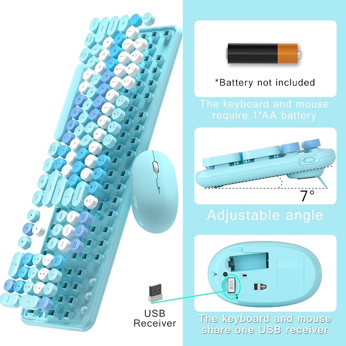 MPTOG Colorful Wireless Computer Keyboard and Mouse Combo (Blue-Colorful) | Retro Round Typewriter Keycaps, Power Switch, Ergonomic Design, 2.4GHz Wireless for Windows, Mac, PC