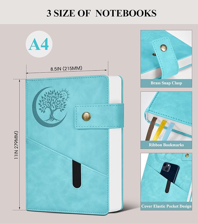 PAIBAS 8.5 x 11 Lined Notebook Journal 366 Pages Leather Journal for Men | Big notebook with 100gsm lined notebook paper college ruled, 3 ribbon bookmarks, front pocket slot & snap button.