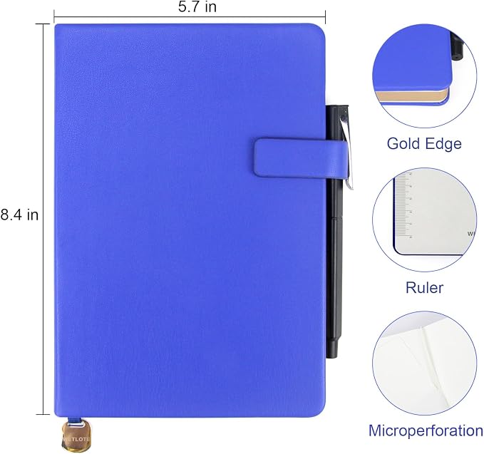 Hardcover Leather Journal Notebook A5 Lined 212 Pages 5x8.25 Inches Gold Edged Pages with Strap Closure Travel Work School Writing Journaling Notebooks for Women Men Gift Box Packaging Dark Blue