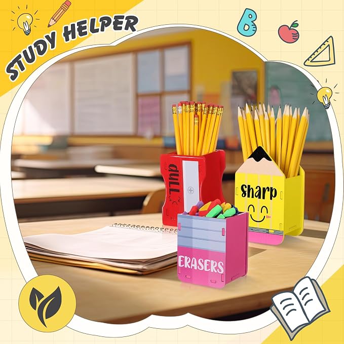 AmazingSpark 3 Pcs Pencil Shaped Holder Sharp and Eraser and Dull Holder Wooden Dispenser Pencil Storage Organizer for Back to School Management Organization (Bright,Erasers)