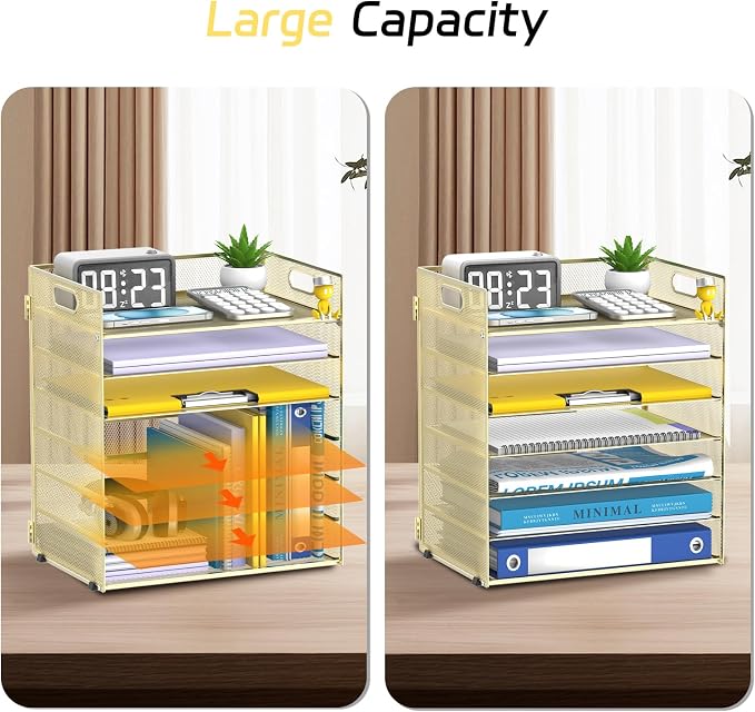 7 Tier Paper Organizer for Desk with Mesh Letter Trays and Handle Gold | Desk File Organizer with Handle for Sorting Papers, Files, Folders, Mail, Bills and Office Supplies
