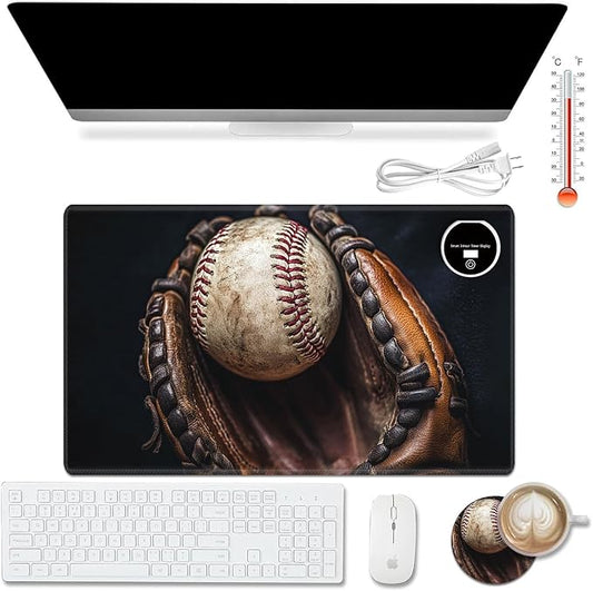 Heated Desk Pad Mouse Pad,Heated Desk Mat,with 3 Heating Levels & 3 Hours Auto Shut-Off,Leather 23.6"*14.2" Gaming Mouse Laptop Mat,Foot Warmer,Retro Baseball