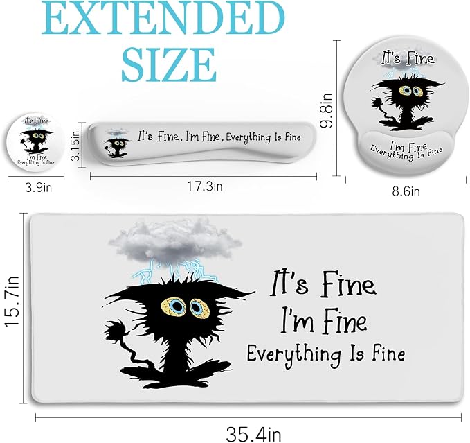 LIMKRIAN Large Gaming Mouse Pad Desk Mat Set, Funny Black Cat Desk Decor | Ergonomic Gel Wrist Rest, Computer Keyboard Mat Memory Foam Wrist Support, Coaster, Home Office Desk Accessories Supplies
