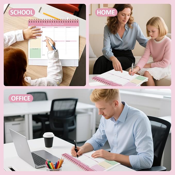 Weekly To Do List Notepad, 52 Sheets Undated Weekly Planner, 8.5"x11" Letter Size Horizontal Desk Pad with 100GSM Thick Paper, Twin-Wire Spiral Bound Tear Off Lined Organizer for Office Work, School & Home