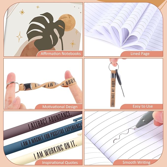Mooliwe 12 Set Positive Affirmation Gift Set Gratitude Notebooks with Pens Keychains Small Bags Motivational Party Favors for Adult Women Coworkers Employee Group (Abstract)