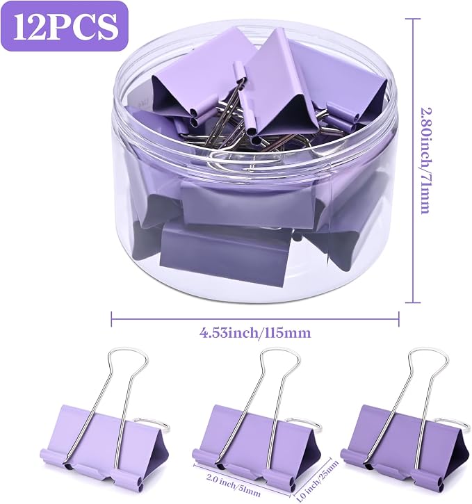 Temiary Aesthetic Binder Clips, Large Metal Binder Clip with Clear Storage Container, Binding Paperwork Clamps for School Teachers Office Supplies (Purple 2 Inch, 12P)