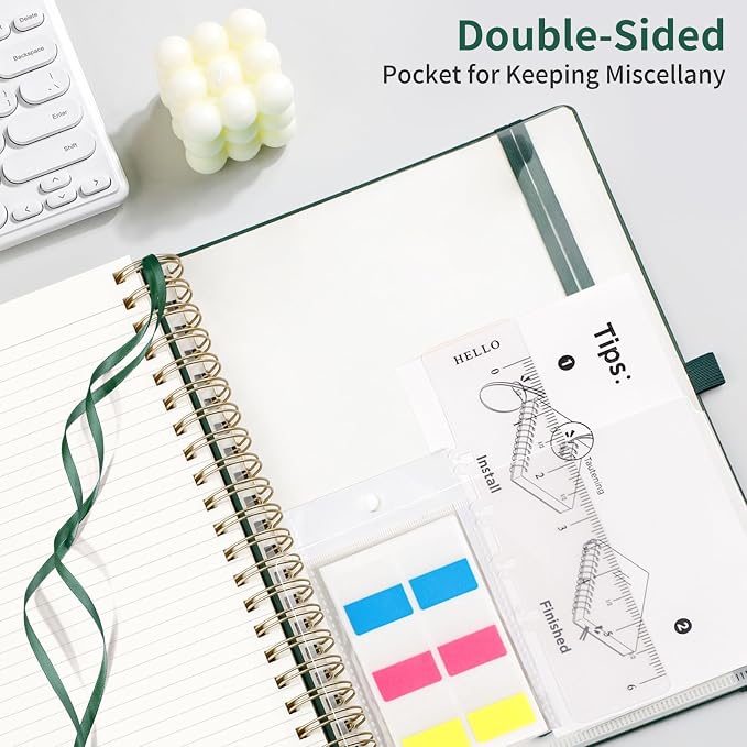 EMSHOI Lined Spiral Journal Notebook, 300 Numbered Pages, A4 (8.2"x11.2") | College Ruled, Leather Hardcover, 100 GSM Thick Paper, for School, Writing, Work, Office & Journaling (Dark green)