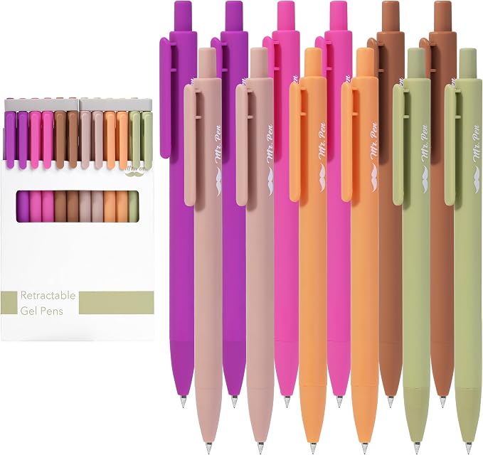 Mr. Pen- Retractable Gel Pens, 12 Pack, Black Ink | Late Harvest Color Barrel, Fine Point 0.5mm, Fast Dry, Smooth Writing, Cute Pens for Drawing