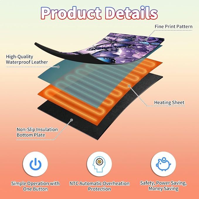 Heated Desk Pad Large Mouse Pad 23.6 x 14.1 inch with 3 Levels Heating & Auto Shut-Off Warm Mouse pad PU Leather Computer Mousepad for Home Office Work - Purple Rose and Butterflies