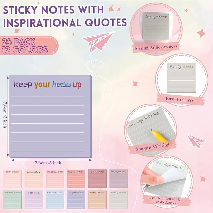 Yinder 24 Pcs Inspirational Sticky Notes, Back to School Supplies, Cute Motivational Sticky Notes Pad Employee Appreciation Gifts Bulk for Teacher Coworker Office 3 x 3'' (Motivation,Aesthetics)
