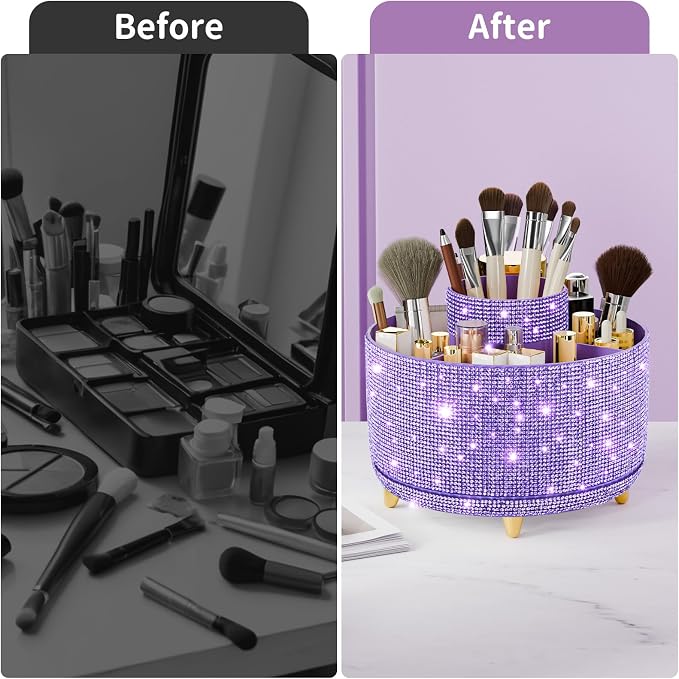 fanado Bling Diamond Makeup Brush Holder, 360° Rotating Makeup Organizer, 5 Slot Make up Brushes Cup for Countertop, Storage for Cosmetics Pen Eyeliner Skincare on the Vanity (Diamond Purple)