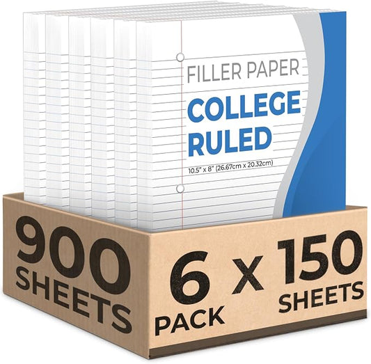 Rosmonde 900 Sheets Loose Leaf Paper, 6 Pack, College Ruled Filler Paper | Bulk Office Filler Paper, 8" x 10.5", 3 Hole Punched, 150 Sheets/Pack, College Ruled Notebook Paper for Binder, White