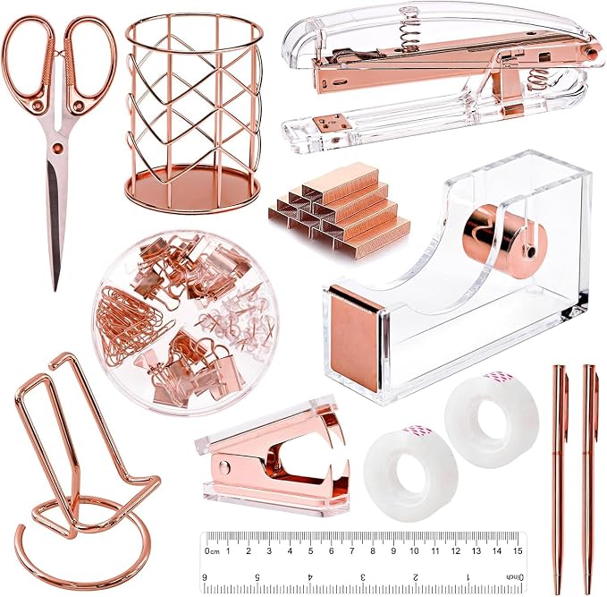 suniya Office Supplies,Rose Gold Desk Accessories,with Stapler,Tape Dispenser,Pen Holder,Scissors,Phone Stand,Staple Remover,Ballpoint Pen,Clear Tape,Staples,Ruler,Clips,Best Gift for Business or Boss