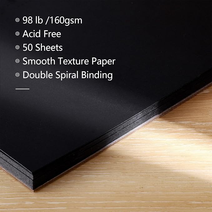 160gsm Black Paper Sketchbook 5.5 x 8.5 in, 50 Acid-Free Drawing Paper | Heavyweight black paper, finely textured, tears cleanly, lays flat, for pencils, chalk, metallic markers