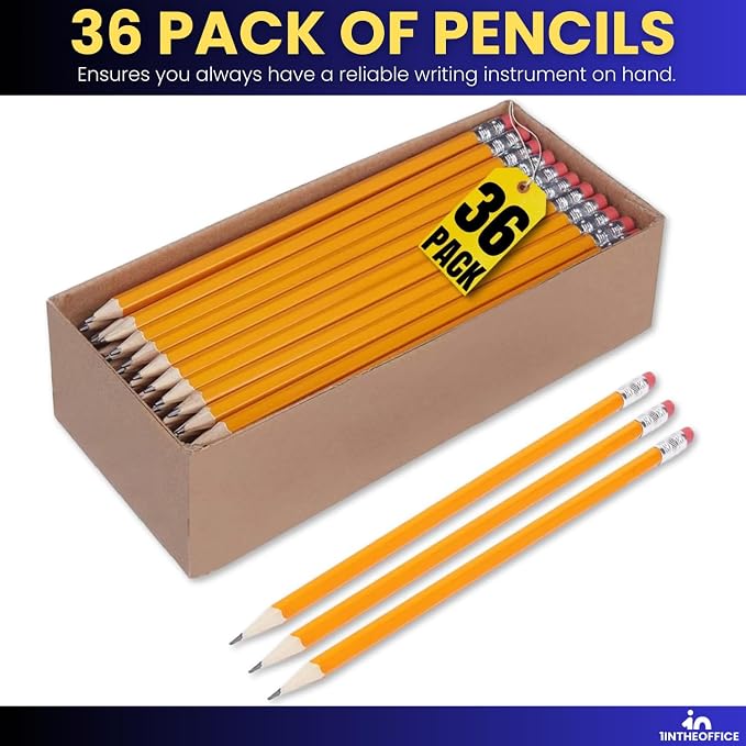 1InTheOffice Lead pencils, Wooden Pencils, Woodcase Pencil HB #2, Yellow Barrel, 36 Pack