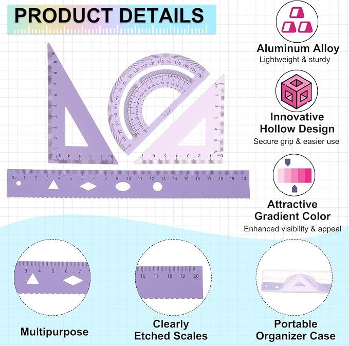 PATIKIL Geometry Set, 8 Inch Aluminum Ruler & 2 Triangles, Metal Protractor Ruler Math Drafting Measuring Tool for Home Office Math Drawing Engineering Art,Gradient Purple